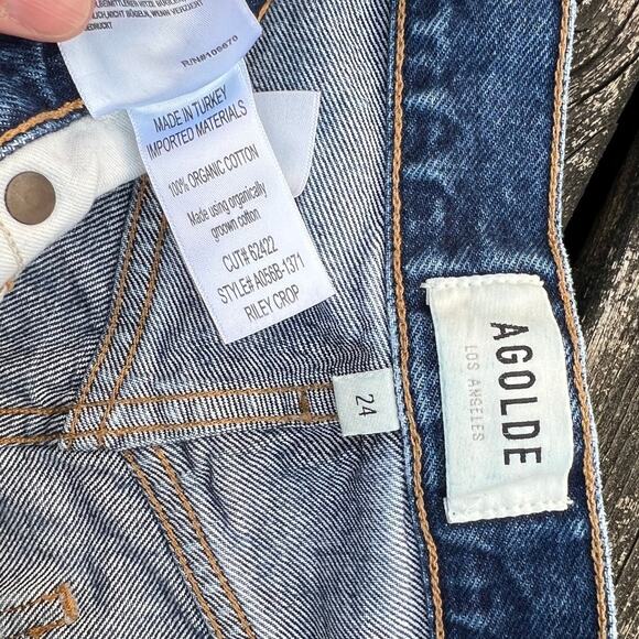 AGOLDE Riley Crop Jeans Women Size 24 High Rise Straight Leg Raw Hem Blue Denim‎ - Picture 5 of 8